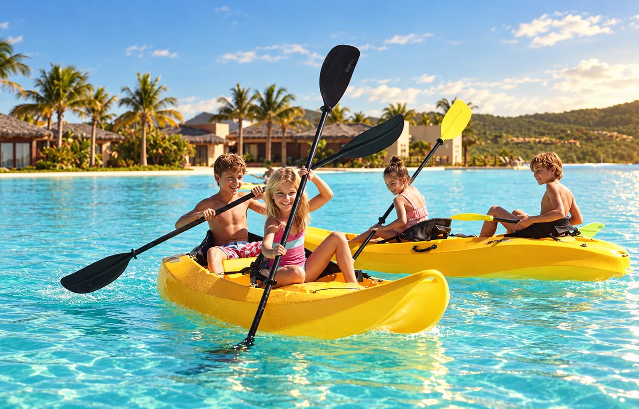 Niños navegando en kayaks amarillos por la laguna