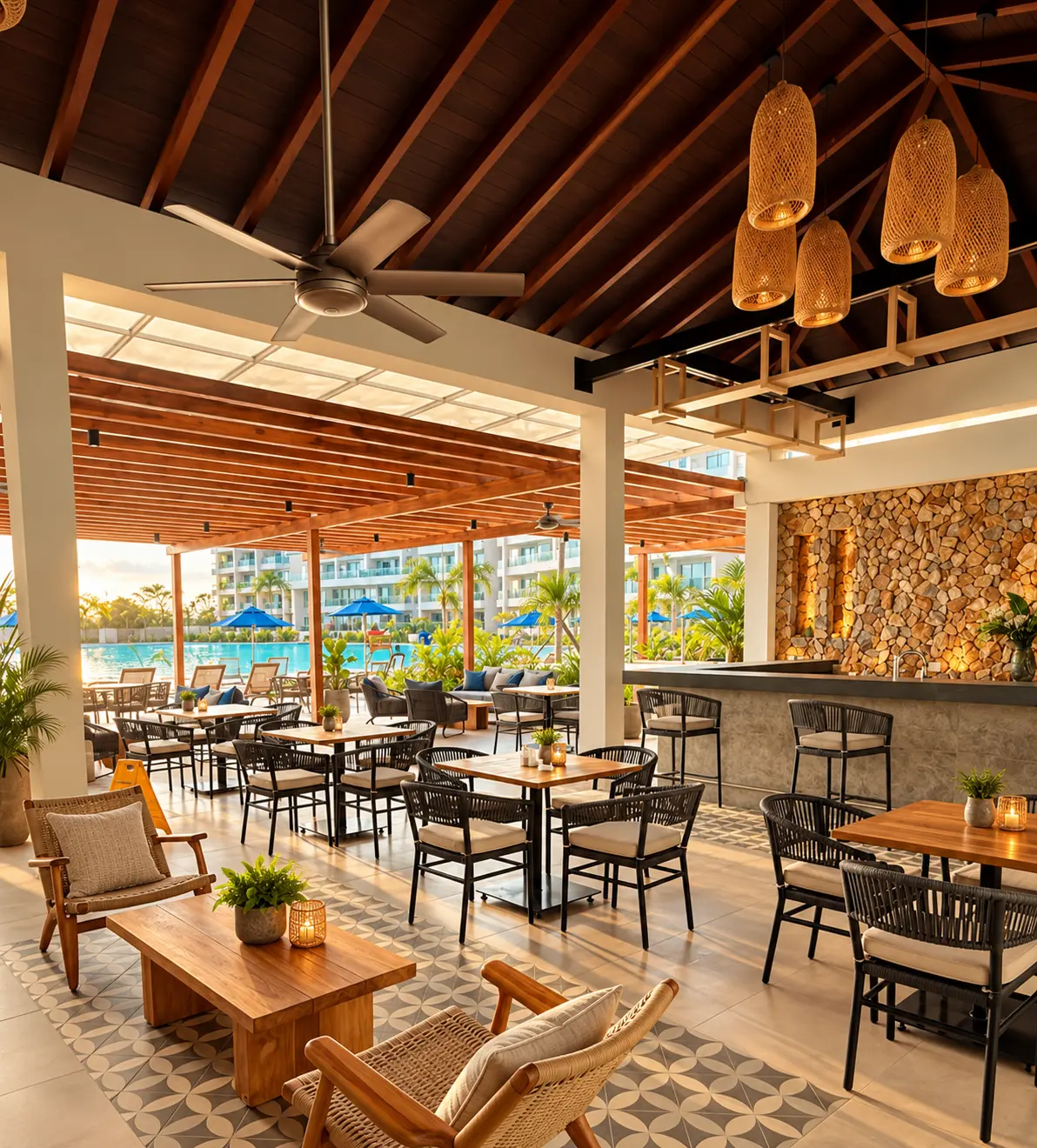 Propuesta de restaurante bajo techo de madera con vista a la laguna