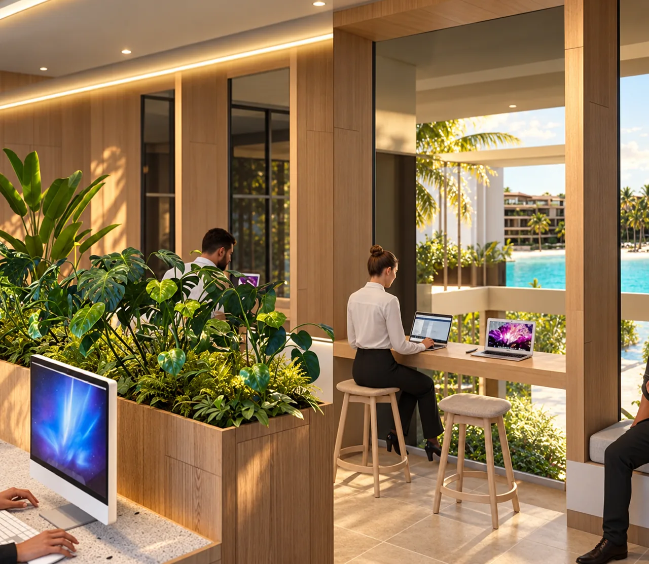 Espacio de trabajo con mesas y sillas junto a la laguna al atardecer