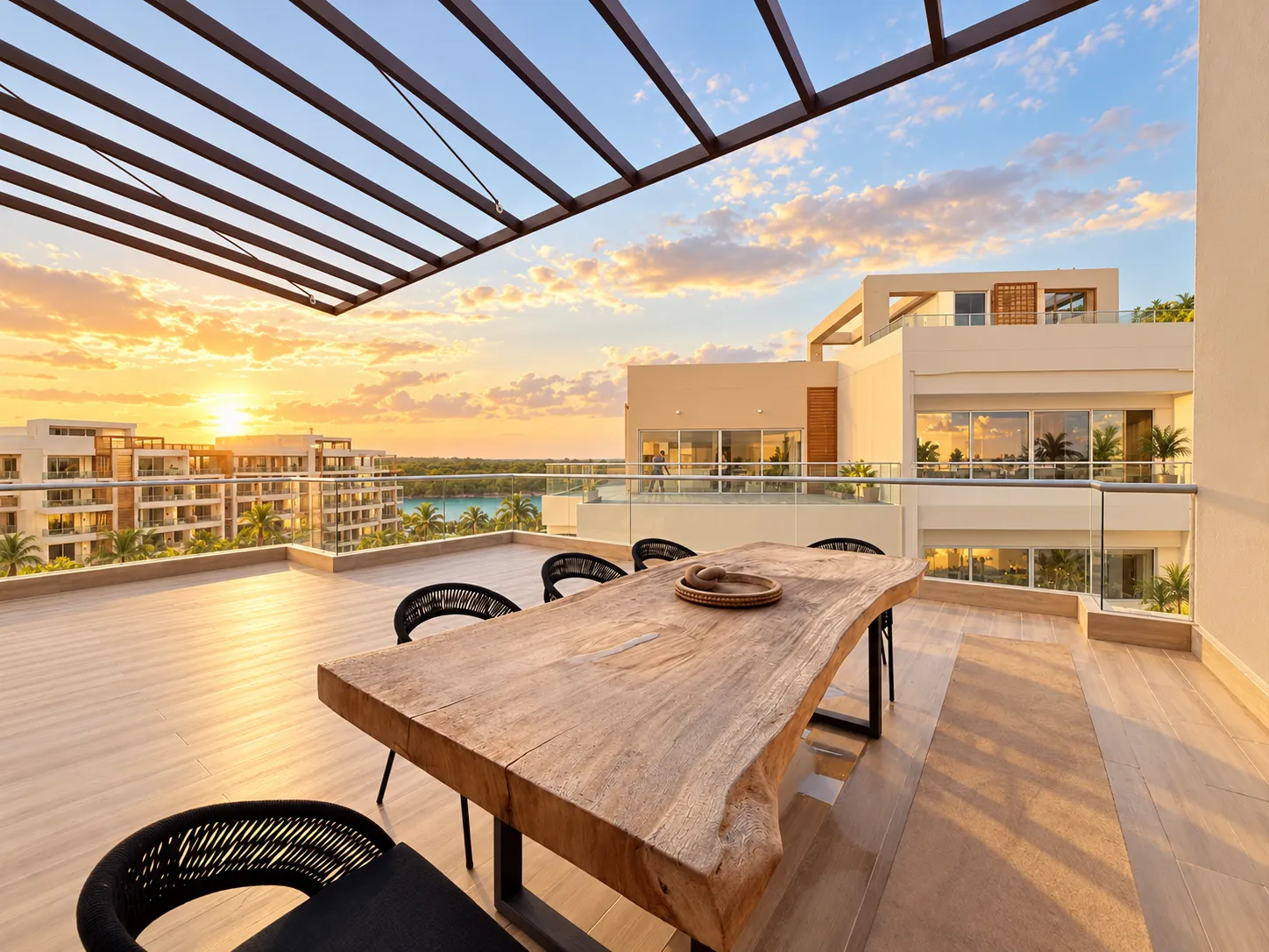 Comedor exterior de madera bajo la pérgola