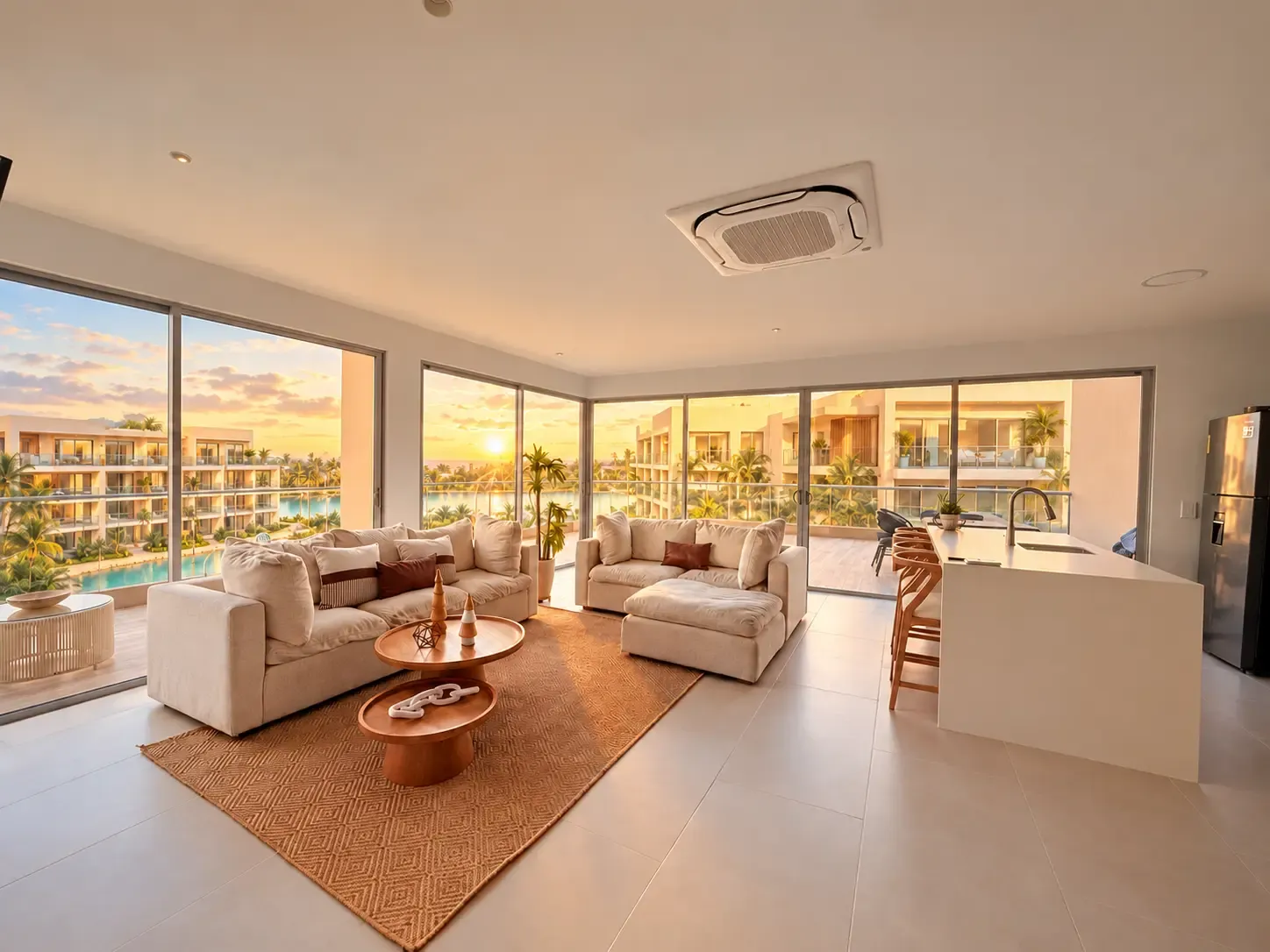 Sala con ventanales de piso a techo