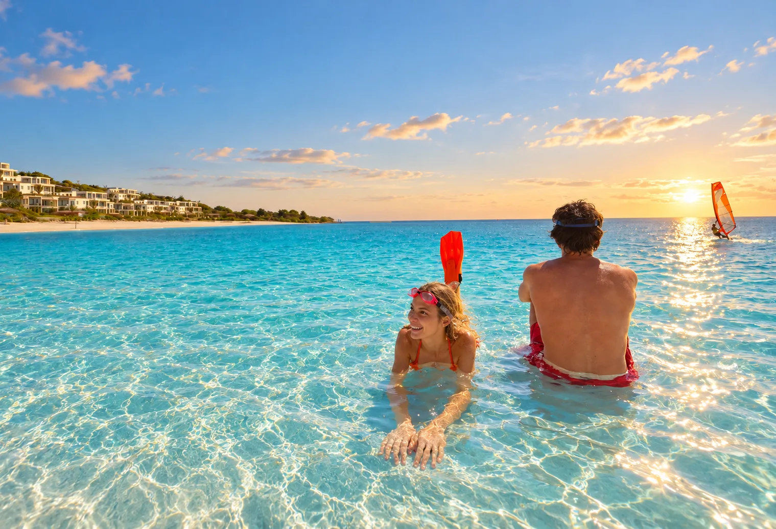 Pareja en el agua turquesa con equipo de snorkel al atardecer