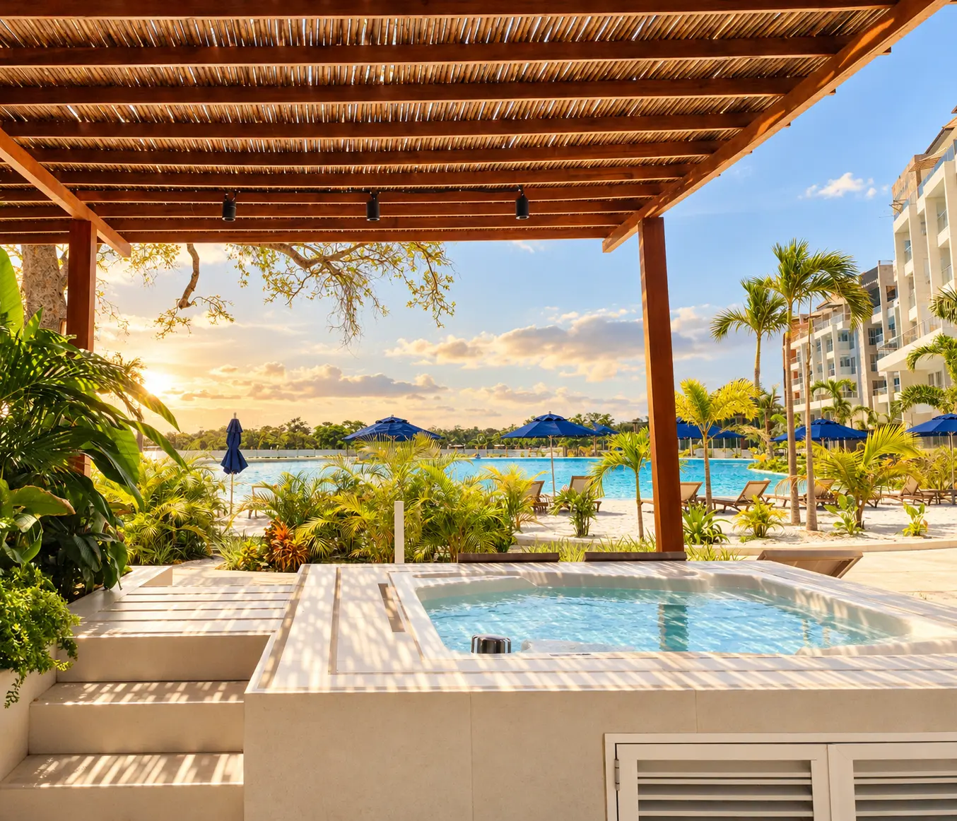 Jacuzzi bajo pérgola de madera con vista a la laguna